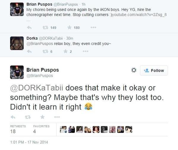 Brian Puspos' original tweet about iKON on November 17, 2014