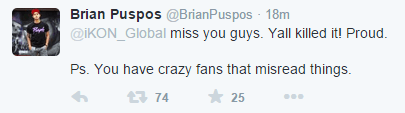 Brian Puspos' tweet after deleting his original tweet on November 17, 2014