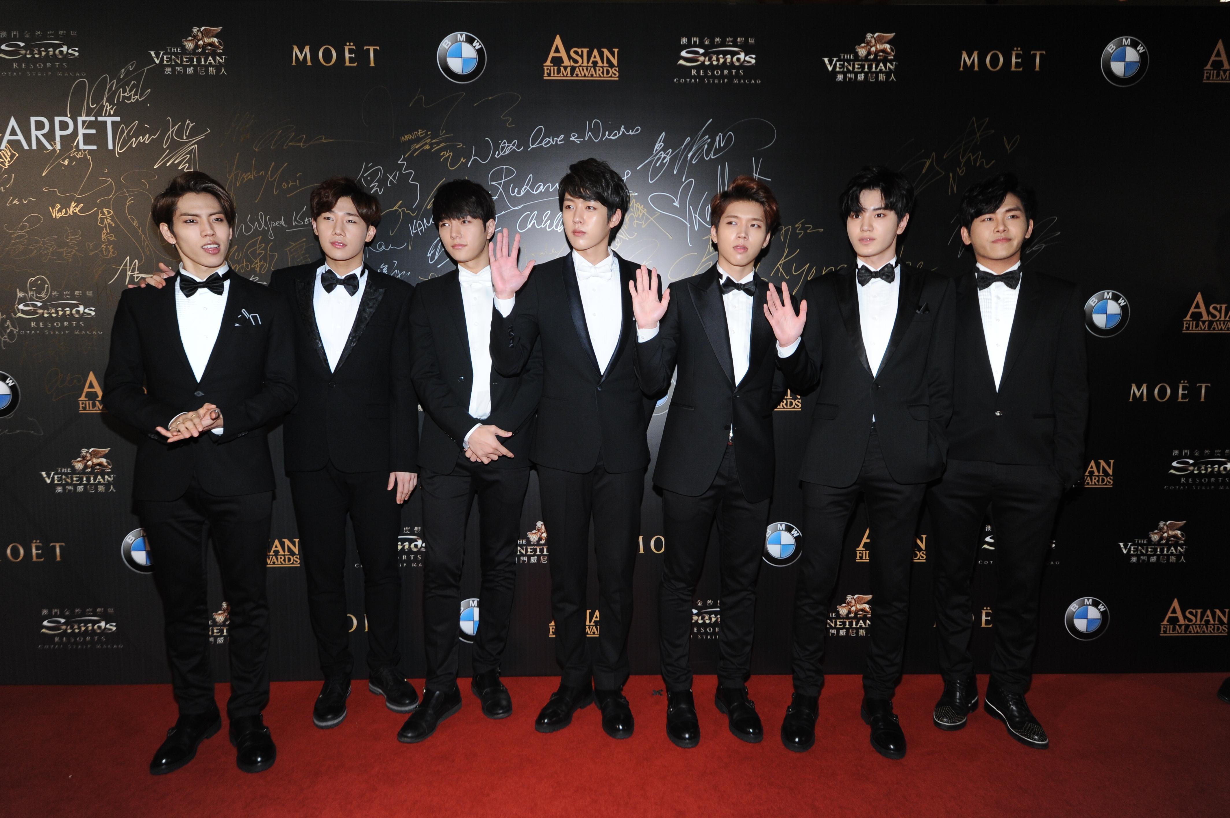South Korean boy band Infinite strike a pose on the 9th Asian Film Awards red carpet