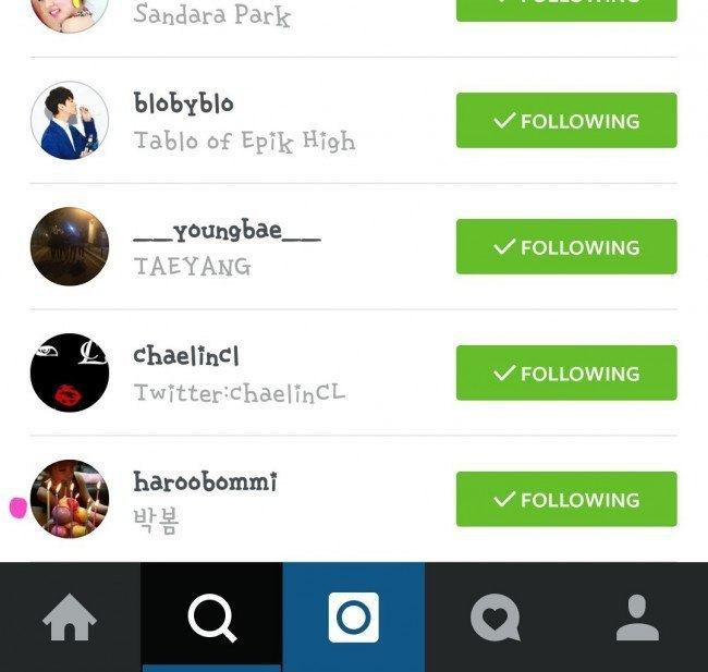 Newly updated screen shot of YG's current Instagram following list