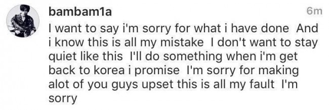 Image: Bambam apologizing to fans in the comment section of his Instagram post