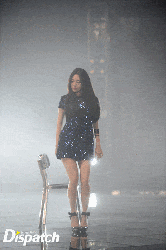 Girl's Day Yura spotted in a midnight blue, sparkly mini-dress with long, straight hair at Girl's Day's CF music video filming. / Dispatch