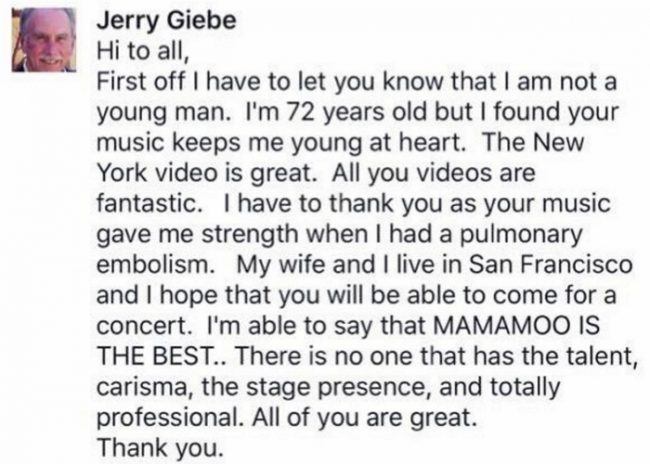 Image: Jerry Giebe, a 72-year-old man, shares his love to MAMAMOO in a Facebook post / Facebook via Insight