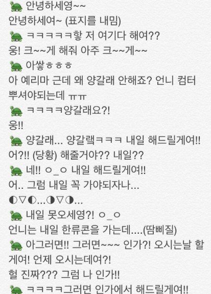 Capture of fan account of a conversation a fan exchanged with Red Velvet's Yeri. Yeri is represented by the turtle emoticon. / Pann